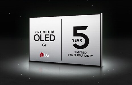 圖片展示 LG OLED Care+ 技術和五年面板保固標誌以黑色背景映襯。	