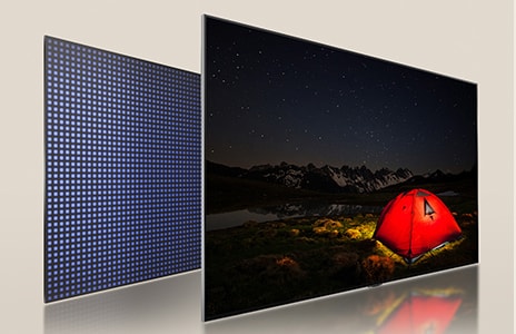 斜角視圖展示 LG QNED 顯示器和背光。	