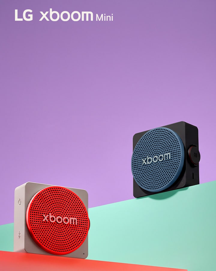 LG xboom Mini with interchangeable color grilles in red and blue.