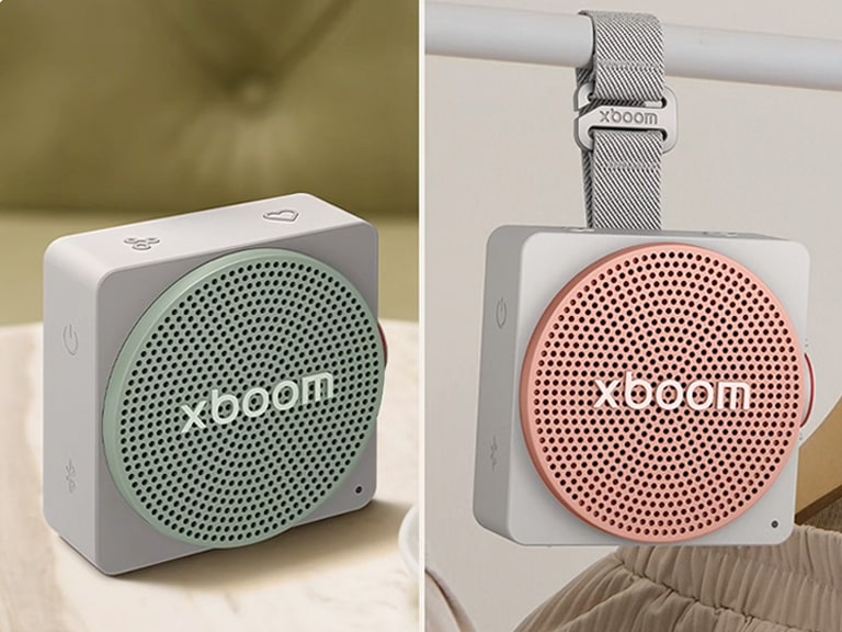 LG xboom Mini with Gentle Green and Blush Pink grilles in home settings.