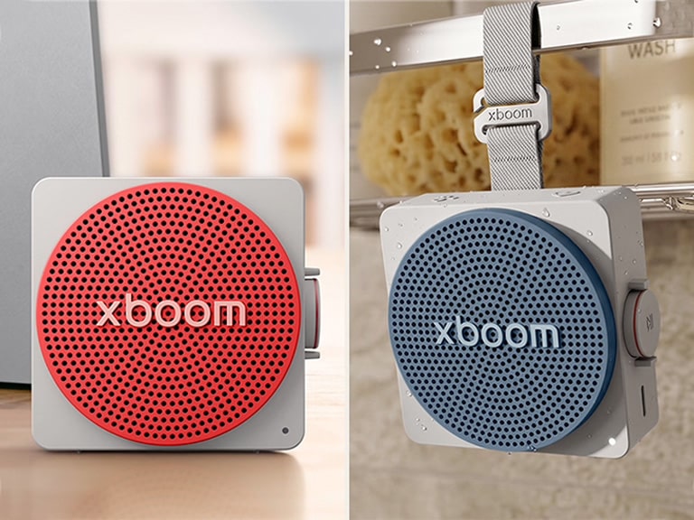 LG xboom Mini with Active Red and Prime Blue grilles in home settings.