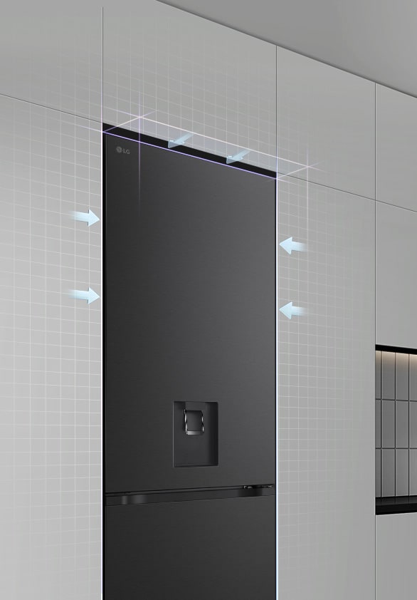 LG bottom freezer (GBFSJ10DEP) fitted flush against a white tiled wall with light blue arrows pointing at its top and sides
