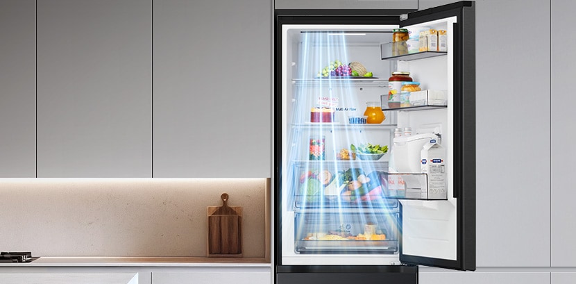 LG bottom freezer (GBFSJ10DEP) open showing shelves of food with blue Multi Air Flow streams running down the interior