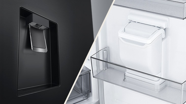 Two views of LG bottom freezer (GBFSJ10DEP): the door water dispenser and the removable tank with a door basket beside it