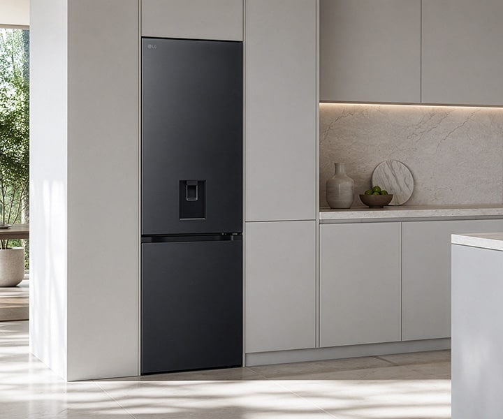LG bottom freezer (GBFSJ10DEP) matte black flat door standing in a light grey kitchen with an island and garden view window