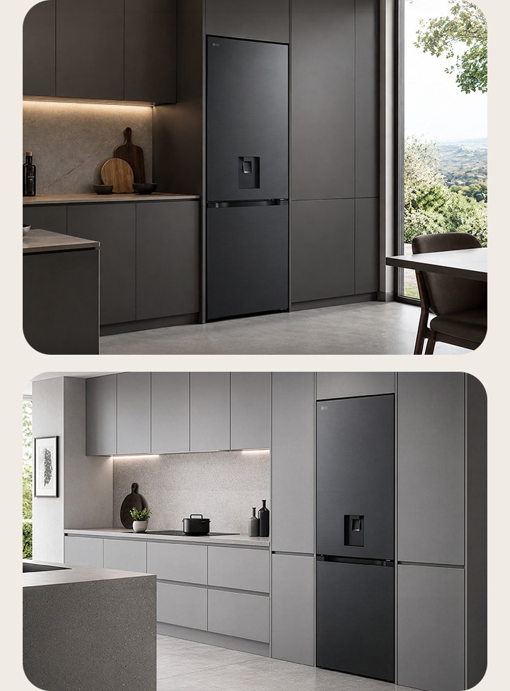 Two views of LG bottom freezer (GBFSJ10DEP) in a dark grey kitchen, a close up on the left and a wider kitchen on the right