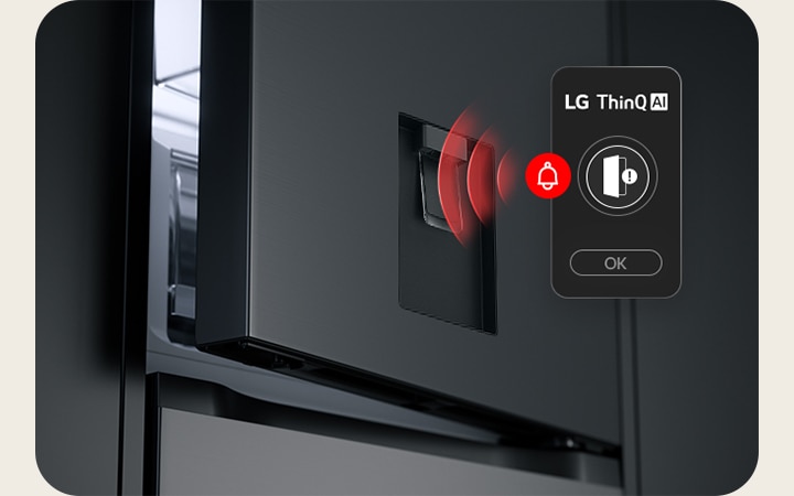 Close up of LG bottom freezer (GBFSJ10DEP) door left ajar with red alert waves and an LG ThinQ notification label