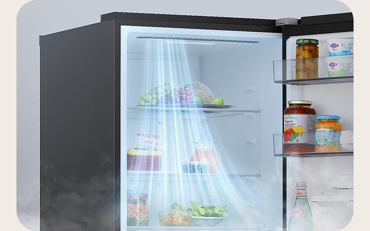 LG bottom freezer (GBFSJ10DEP) open with blue air streams flowing from the top vent towards the door baskets of food