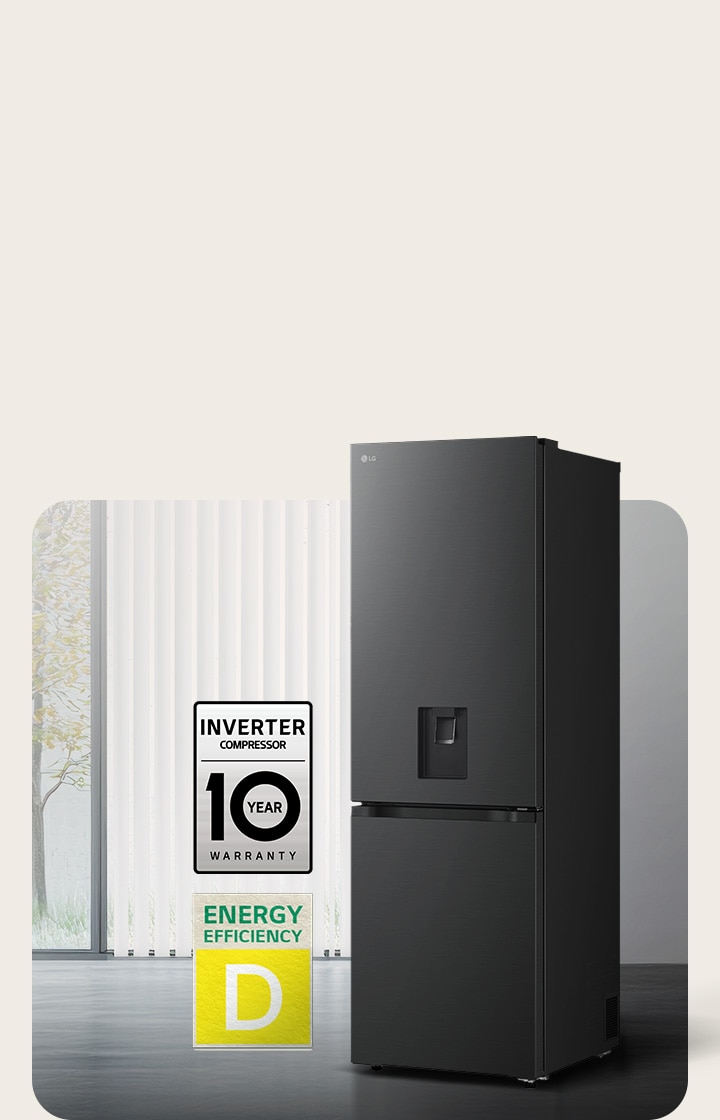 LG bottom freezer (GBFSJ10DEP) matte black front view with 10 year inverter warranty and Energy Efficiency D badges