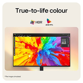 LG monitor displaying vivid color splash image, emphasizing true-to-life color with HDR and sRGB 99% support.