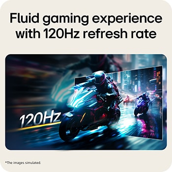 Gaming scene with motorcycles in motion, highlighting smooth and fluid performance with 120Hz refresh rate.