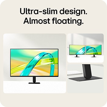 LG monitor with ultra-slim, virtually borderless design and minimal stand, appearing to float on the desk.