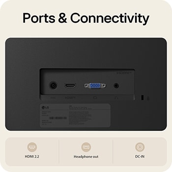 Rear view of LG monitor showing ports and connectivity options including HDMI, headphone out, and DC-IN.