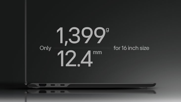 This image shows the LG gram Pro 2-in-1 laptop positioned in a partially open, angled view, with a stylus pen interacting with the touchscreen displaying illustrated digital content. Text beside the device highlights its lightweight and slim design, indicating a weight of 1,399 grams and a thickness of 12.4 millimeters.