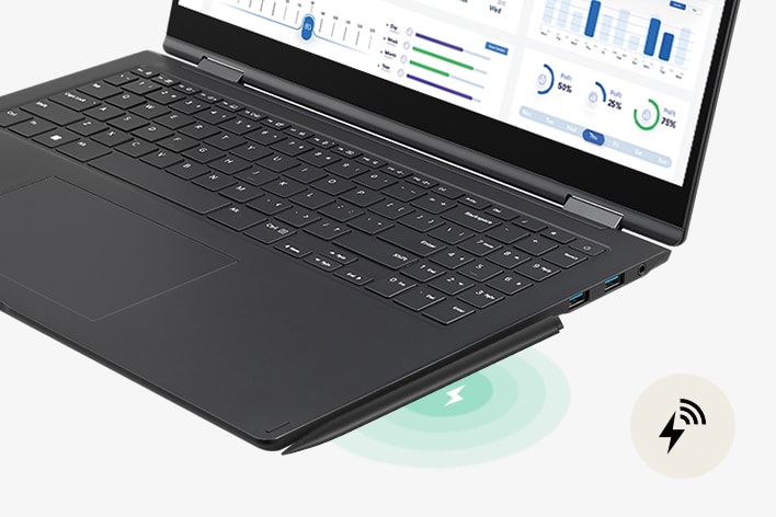 This image shows a fold laptop in tablet mode with a stylus pen magnetically attached to the side, accompanied by a charging icon that highlights portable laptop charger functionality. A secondary view presents the laptop with its screen open, where the stylus pen is attached near the keyboard, emphasising convenient pen storage and charging for mobile use.