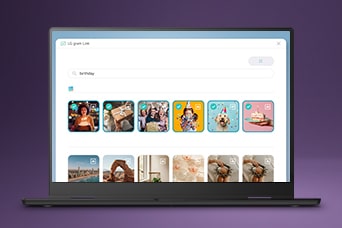 This image shows the laptop screen displaying a photo library interface with categorised image thumbnails, highlighting AI-powered photo search and organisation on LG gram Link.