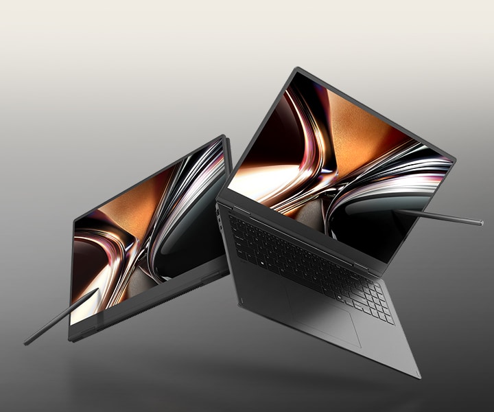 This image showcases two LG gram Pro 2-in-1 laptops arranged in a floating composition, each displayed in different convertible positions with stylus pens positioned near the screens. The laptops are shown partially open and angled, emphasising flexible hinge movement, while both displays present abstract visual graphics with metallic tones and flowing shapes.