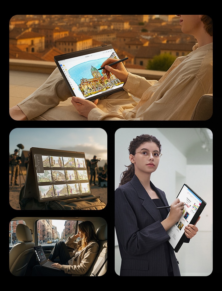 This image shows multiple usage scenarios of the LG gram Pro 2-in-1 laptop, including working at a desk with documents and applications open, reviewing content while seated in a car, monitoring camera footage on location, and using the device in tablet mode with a stylus for drawing and creative work in a relaxed environment.