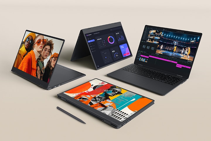 This image showcases four fold laptops in stand, laptop, tablet, and tent modes, highlighting a thin, lightweight design that supports creative and productivity workflows. Each display presents photo content, dashboard visuals, video editing timelines, and digital artwork, while a stylus pen placed in front of the tablet mode emphasizes laptop portability.