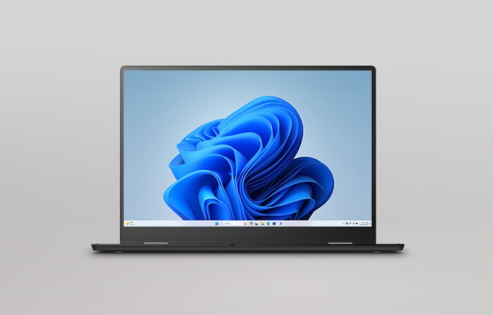This image shows the slim LG gram AI laptop viewed from the front against a minimalist background.