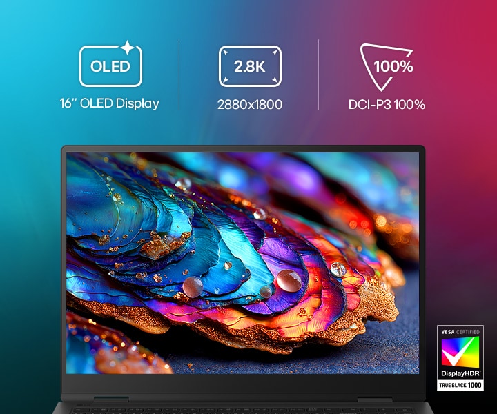 This image shows the front view of the LG gram Pro 16 inch OLED display featuring a vivid abstract visual. Icons above the screen highlight key specifications including a 2.8K resolution (2880x1800), DCI-P3 100% colour gamut, and DisplayHDR True Black 1000 certification.
