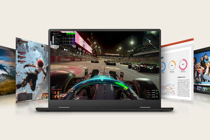 An animation shows a laptop displaying a racing game scene on its screen, surrounded by additional screens featuring diverse visuals. This setup emphasizes gaming and multimedia versatility with a variable refresh rate.