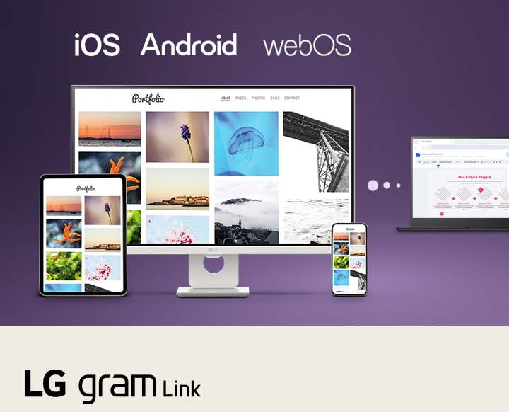 This image shows an LG gram laptop connected with a tablet, smartphone, and desktop display, illustrating seamless multi-device syncing and content sharing across iOS, Android, and webOS using LG gram Link.