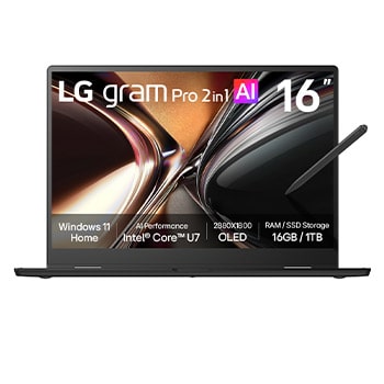 Front view of 16” LG gram Pro 2in1 Laptop, Windows 11 Home, Intel® Core™ U7, OLED Display, Dual AI, Black 16T95TP-K.AD78AN