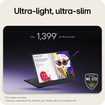 This image highlights the ultra-light and ultra-slim design of the LG gram Pro 2-in-1, shown in a partially folded convertible position with a stylus interacting with the touchscreen. The image features key specifications including a 1,399g lightweight body and a 12.4mm slim profile, along with a MIL-STD-810H badge indicating it has passed seven durability tests. The display shows fashion illustration and magazine-style content, emphasizing creative use.