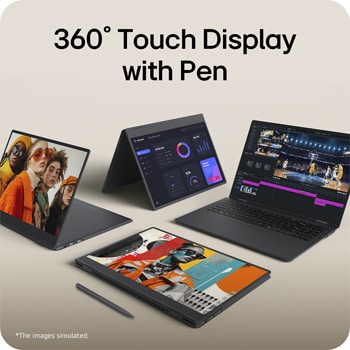 This image showcases the LG gram Pro 2-in-1 in multiple 360-degree modes, including laptop, stand, tent, and tablet configurations. Each screen displays different creative and productivity content such as photo editing, data dashboards, video editing timelines, and digital artwork, with a stylus pen placed in front to emphasize pen-enabled touch interaction.