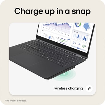 This image shows the LG gram Pro 2-in-1 charging wirelessly, with the laptop opened in laptop mode on a desk. A wireless charging icon and visual charging waves appear beneath the device, emphasizing fast and convenient wireless charging performance.