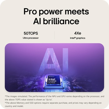 The image features an Intel® Core™ Ultra processor set against a blue-to-purple gradient background, with large semi-transparent “AI” text layered behind the chipset.
