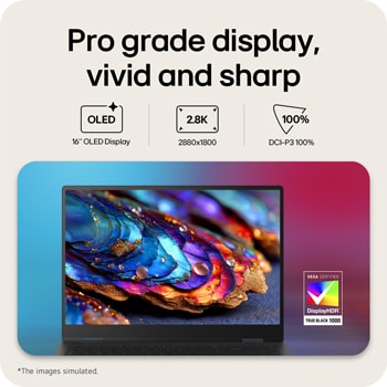 A front view of an LG gram Pro laptop featuring a 16-inch 3K OLED display. Icons above the device indicate OLED technology, 2880 × 1800 resolution, and 100% DCI-P3 color gamut. The screen shows a vivid, high-contrast image, with a VESA DisplayHDR True Black 1000 certification badge displayed beside the laptop.