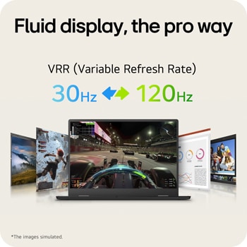 LG gram Pro 2-in-1 featuring a VRR display from 30Hz to 120Hz, shown with gaming, creative, and productivity content to emphasize smooth, responsive visuals.