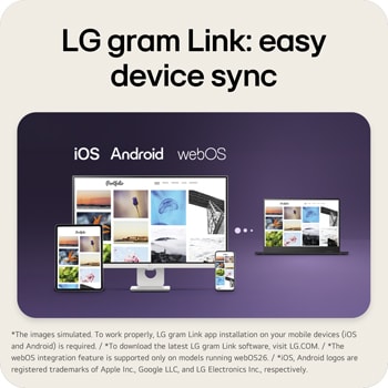 A multi-device connectivity scene showing LG gram Link in use across different platforms. A desktop monitor, laptop, tablet, and smartphone display the same photo gallery interface, illustrating seamless device synchronization across iOS, Android, and webOS environments.