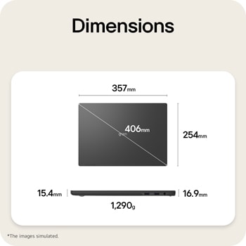 This image shows a dimensions diagram of the LG gram laptop, indicating the top view width and height, a diagonal size, and the side view showing thickness and weight.