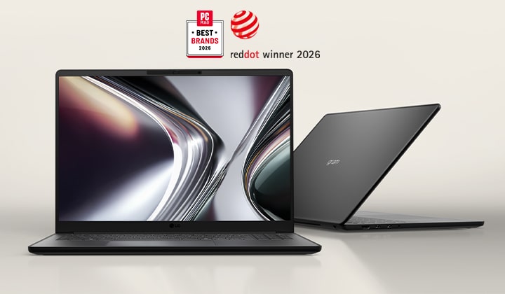 This image shows two LG gram Book laptops on a light neutral background, with one laptop open to showcase the front display and the other angled to highlight the slim profile and clean rear design.