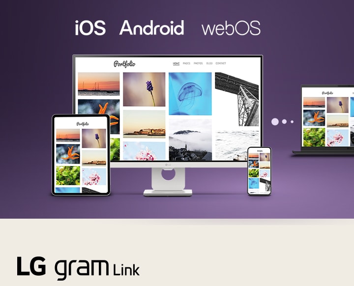 This image shows an LG gram laptop connected with a tablet, smartphone, and desktop display, illustrating seamless multi-device syncing and content sharing across iOS, Android, and webOS using LG gram Link.