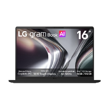 Front view of 16” LG gram Book Laptop, Copilot+, Windows 11 Home, AMD Ryzen AI, IPS Touch Display, Black 16U55U-H.AU75AN