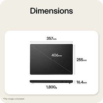 This image shows the dimensions of the LG gram Book laptop, illustrating the top view with overall width and depth measurements, along with a side view showing thickness and weight.