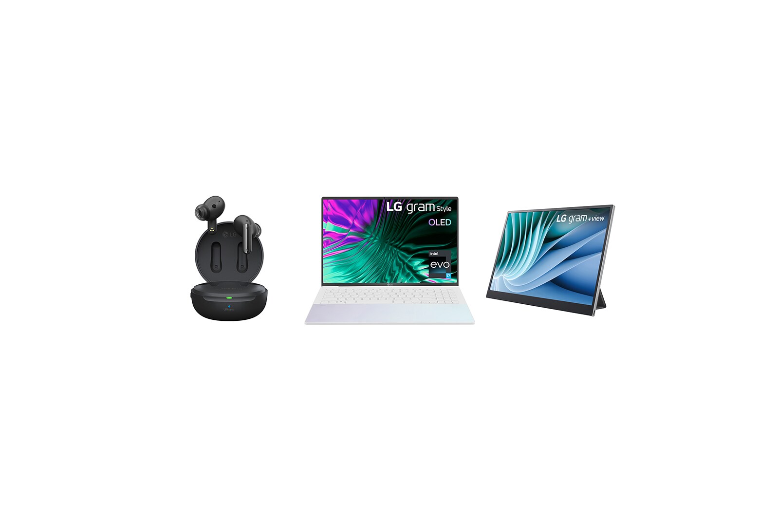Front view of LG gram Style 16" OLED Laptop & +view portable Monitor & LG TONE Free UFP9 Earbuds 16Z90AD16MR.FP9