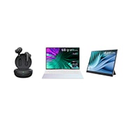 Front view of LG gram Style 16" OLED Laptop & +view portable Monitor & LG TONE Free UFP9 Earbuds 16Z90AD16MR.FP9