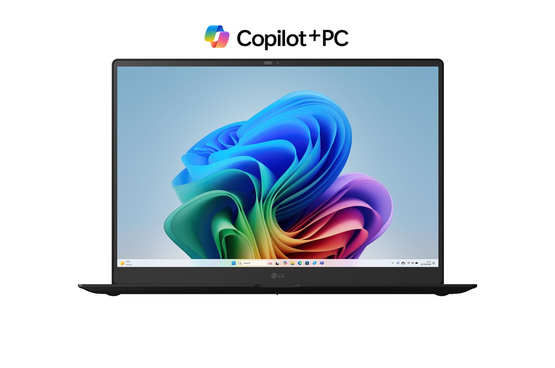 Front view of 16” LG gram Pro AI Laptop, 16GB RAM, Intel® Core™ Ultra Processor, gram Hybrid AI, Meta Gray with Copilot+ Bloom Wallpaper