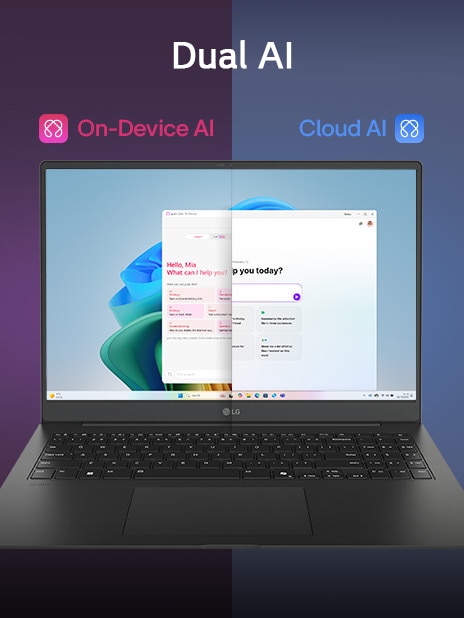 A split-screen image showcasing 'Dual AI' with two distinct modes: 'On-Device AI' on the left, represented by a pink icon, and 'Cloud AI' on the right, represented by a blue icon. The screen displays an AI interface, symbolizing seamless AI functionality across both modes.