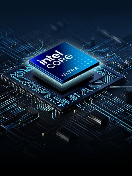 A close-up of an Intel Core Ultra processor embedded in a high-tech circuit board. The chip is surrounded by intricate circuitry with glowing  blue lights, creating a futuristic and high-performance aesthetic.