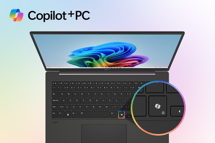 A laptop featuring the Windows 11 Bloom wallpaper on its screen, with a close-up highlighting a dedicated Copilot key on the keyboard. The 'Copilot+PC' logo is prominently displayed in the top left corner, emphasizing AI-integrated functionality.