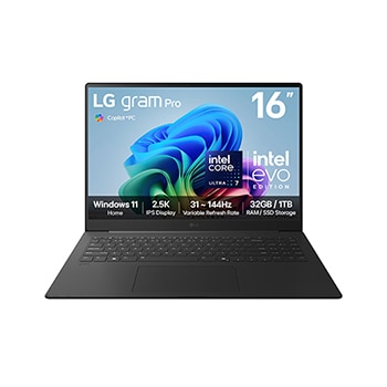 Front view of 16” LG gram Pro AI, Copilot+ PC, 32GB RAM, Intel® Core™ Ultra Processor, gram Hybrid AI, Meta Gray