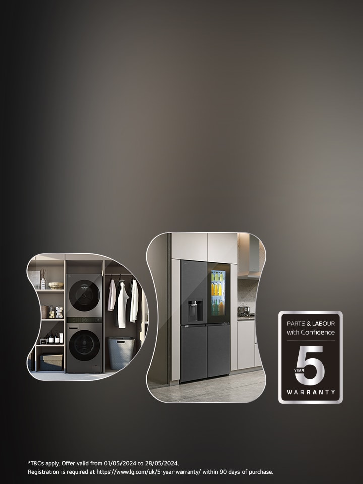 From left to right, LG washtower in laundry room, American style fridge freezer in a modern kitchen, 5 year warranty emblem