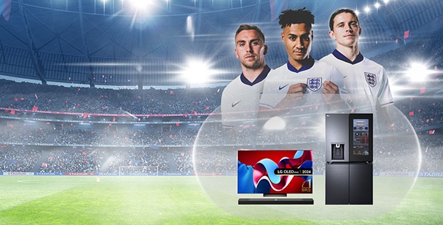 LG OLED TV on a stand with england's football players on the screen placed on the pedestal with a stadium in the background with Instaview fridge to the right