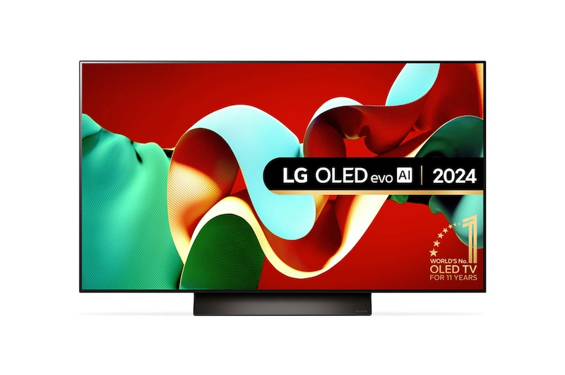 Front view of LG OLED evo OLED48C43LA TV with world’s number 1 OLED TV for 11 years emblem written in gold